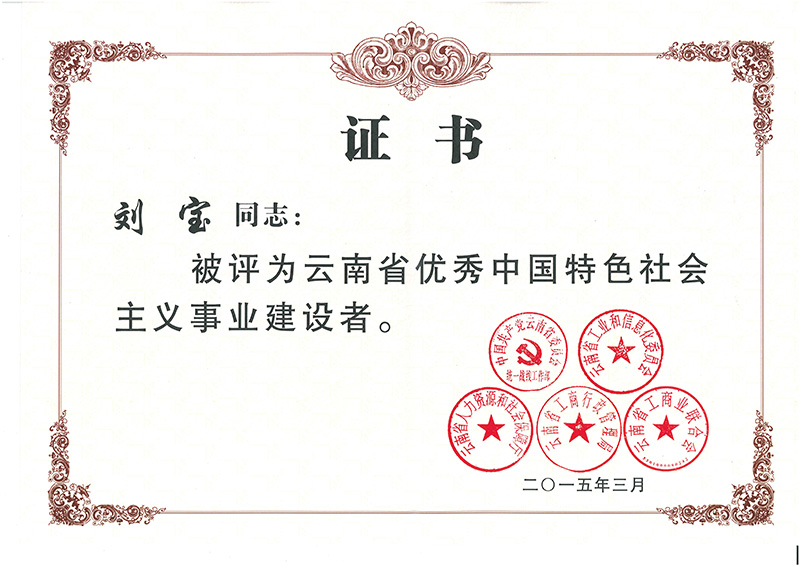 刘宝—中国特色社会主义事业建设者获奖证书